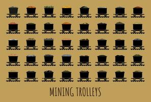 Set of vector illustrations of mining carts with different types of ore.