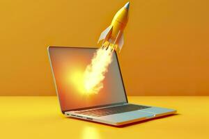 Launching a new product or service. Technology development process. Space rocket launch. 3d render. Yellow rocket lift up from the display laptop. AI Generative photo