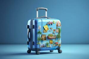 Blue suitcase full of landmarks and travel accessories on blue background. Generative AI photo