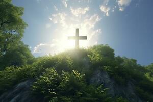 The cross of God with green Leaf, in the rays of the sun and blue sky. Cross on the hill with green trees and graeen natural view. Religious concept, AI Generative photo