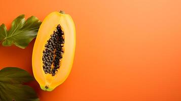 top view of papaya on orange pastel isolated background AI Generative photo