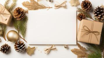 Navidad adornos con regalo cajas , abeto y Copiar espacio ai generativo foto