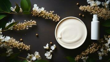 top view of cream with flowers on neutral background. Spa concept AI Generative photo