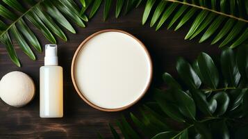 top view of cream with flowers on neutral background. Spa concept AI Generative photo