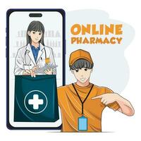 en línea farmacia servicios. masculino mensajero entrega medicamentos médico compras concepto, rápido entrega. vector ilustración Pro descargar