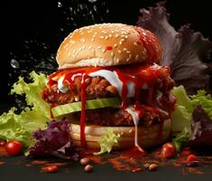 Double hamburger isolated on Black background ai generative photo