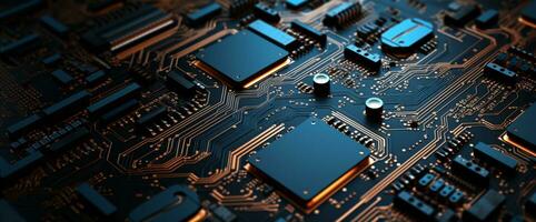 Closeup of electronic circuit board with cpu microchip electronic components background ai generative photo