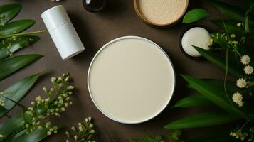 parte superior ver de crema con flores en neutral antecedentes. spa concepto ai generativo foto