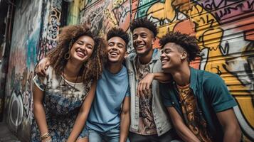 smiling portrait of cheerful young students standing outside AI Generative photo