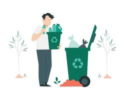 Volunteer throwing garbage into trash can. Flat style vector illustration for sustainability practices and environment saving conceptual design.