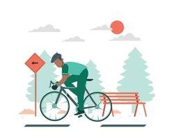 Man riding a bicycle in the park. Flat style vector illustration for Sustainability practice life concept.