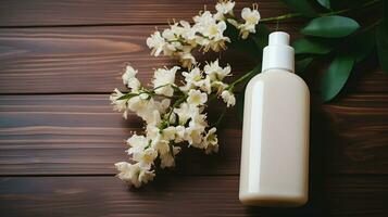 skin care product bottle, shampoo, lotion, with neural background AI Generative photo