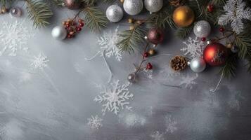 Navidad adornos con regalo cajas , abeto y Copiar espacio ai generativo foto