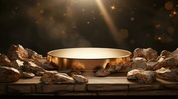 3d rendered wooden and golden Luxury Empty stage for product podium and stone wall background AI Generative photo