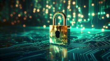 tech background with padlock on circuit modern safety cybersecurity concept ai generative photo
