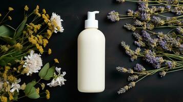 skin care product bottle, lotion ,shampoo, facewash with floral background AI Generative photo