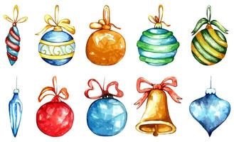 Watercolor hand drawn Christmas tree toy ball set. Vector illustration Watercolor and paper texture holiday ornament and decoration for 2023 new year.