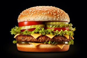 Double hamburger isolated on Black background ai generative photo