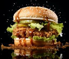 Double hamburger isolated on Black background ai generative photo