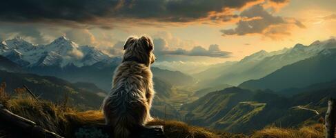 un perro sentado en el parte superior de montaña ai generativo foto
