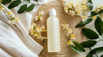 skin care product bottle, shampoo, lotion, with neural background AI Generative photo