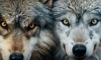 Intense gazes of two wolves showcasing their power, AI generative photo