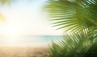 de cerca de palma hoja con borroso tropical playa. ai generativo. foto