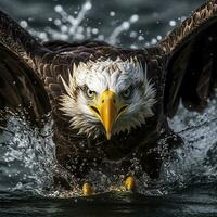 Fishing Bald Eagle, a bald eagle facing camera catches a fish out of the water, in the style of National Geographic contest winner, super telephoto close up. AI Generative photo