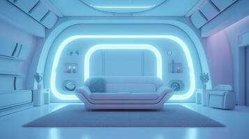 Empty Wall in a Futuristic Sci Fi Living Room with Light Yellow, Light Cyan, and Light Blue Neon. AI Generative photo