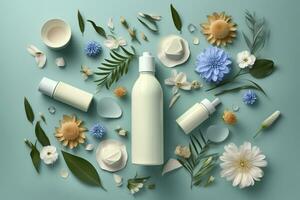 Fresh floral skincare concept. Top view flat lay of pump bottle, pipette, cream bottles, and tubes with flowers on pastel blue background with an empty circle for text or branding. AI Generative photo