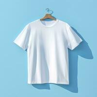 sencillo blanco camiseta en suave azul antecedentes. ai generativo foto