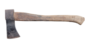 Old rust dirty dark gray axe with brown wooden handle isolated with clipping path in png file format