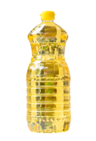 Yellow cooking soybean oil in medium transparent plastic bottle isolated with clipping path in png file format