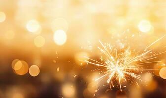 A sparkler emits shimmering light against a golden bokeh background. Created with AI photo