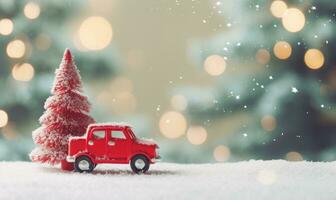 Charming composition of a toy car and a decorated tree captures. AI generative photo