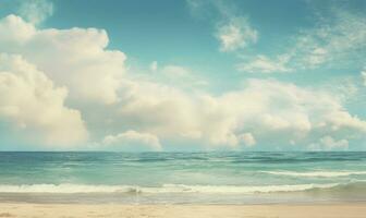un tranquilo playa escena se desarrolla, con dorado playa reunión sereno mares debajo un vasto, lleno de nubes cielo. ai generativo. foto