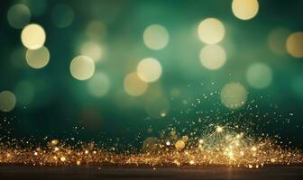 Elegant bokeh lights on a green and gold canvas. AI generative. photo