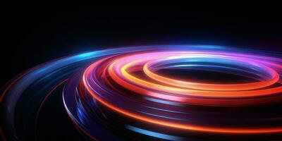 Neon futuristic flashes circles stripes on black background. AI generative. photo