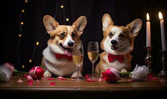 Adorable corgis in bow ties enjoy a Valentine's date. AI generative. photo