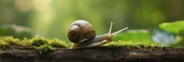 un viaje mediante el bosque. de cerca de un caracol en el bosque con natural antecedentes. ai generativo foto