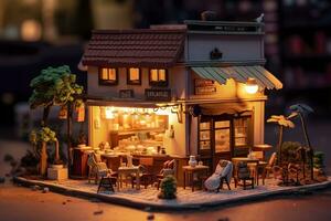 A charming and cozy coffee shop Set beside a busy highway with Warm and golden sunset light, and a Picturesque sunset view with vibrant colors. AI Generative photo