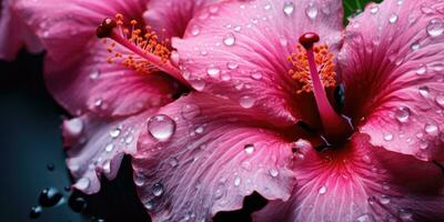 close-up hibiscus with drops water wallpaper. Created with AI tools photo