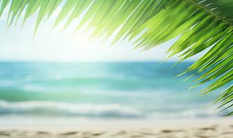 Close-up of palm leaf with blurred tropical beach. Created with AI photo