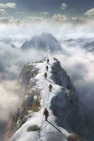 hombre en parte superior de montaña, caminando mediante nubes, ai generativo foto