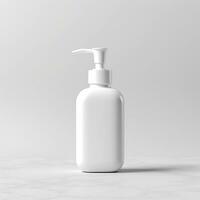 Cosmetic rounded all white soap bottle mockup on white table. AI Generative photo