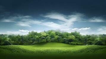 Green nature with white clouds and sky.  AI Generative photo