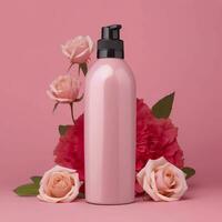 Amazonas producto imagen cuerpo lavar, cilindro botella sólido color rosado fondo, con rosas, ai generativo foto