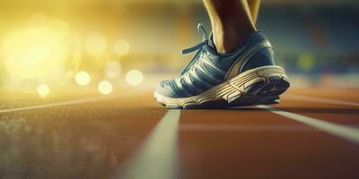 Runner feet running on a stadium, closeup on feet, sports background, space for copy, AI Generative photo