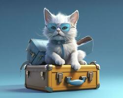 Cute cat on blue suitcase with sunglasses. AI Generative photo