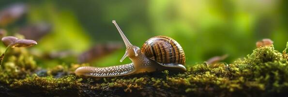 un viaje mediante el bosque. de cerca de un caracol en el bosque con natural antecedentes. ai generativo foto